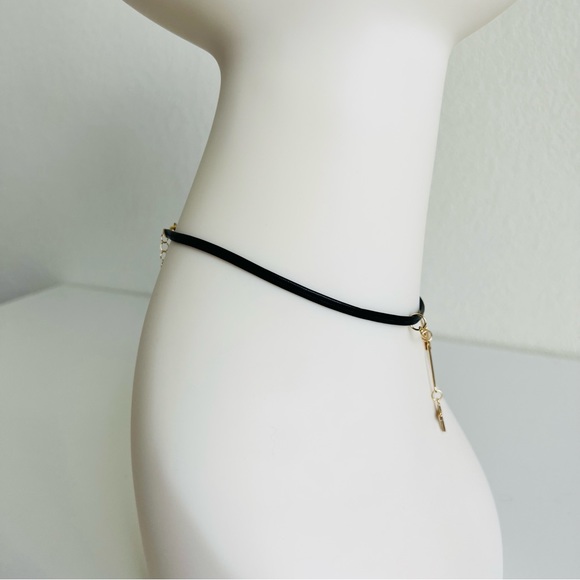 Black Leather Gold Bar Double Cross Slider Minimalist Choker Necklace - Picture 4 of 6